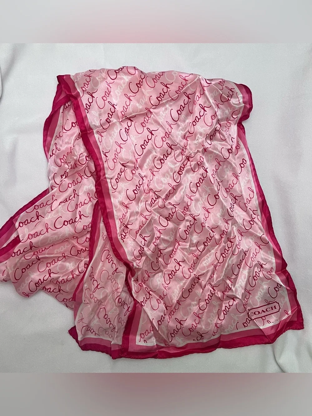 Coach Pink Script Silk Scarf with Fuchsia Border with dust bag included